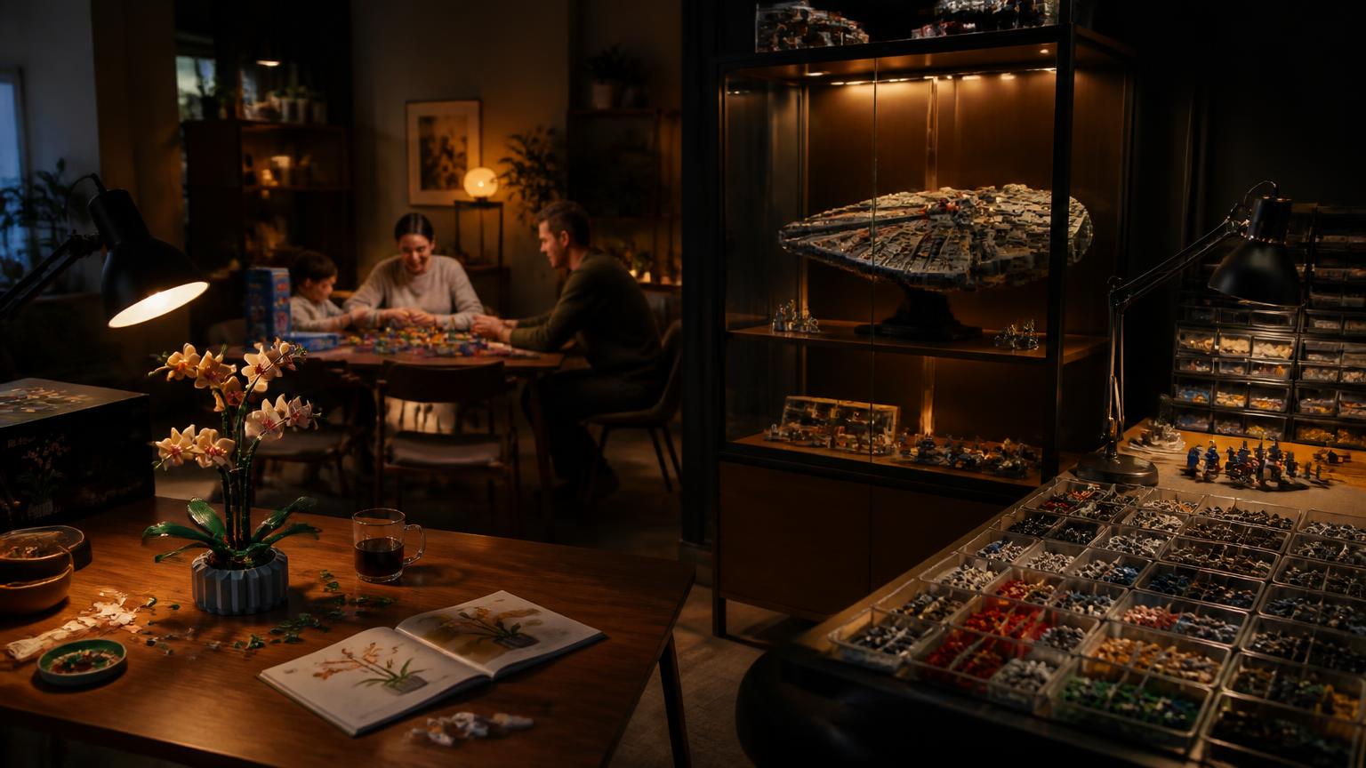 Four builder scenes in one room: a hobbyist desk with a botanical brick model, a family building together, a lit cabinet holding a large brick spaceship and a creator bench of sorted loose bricks