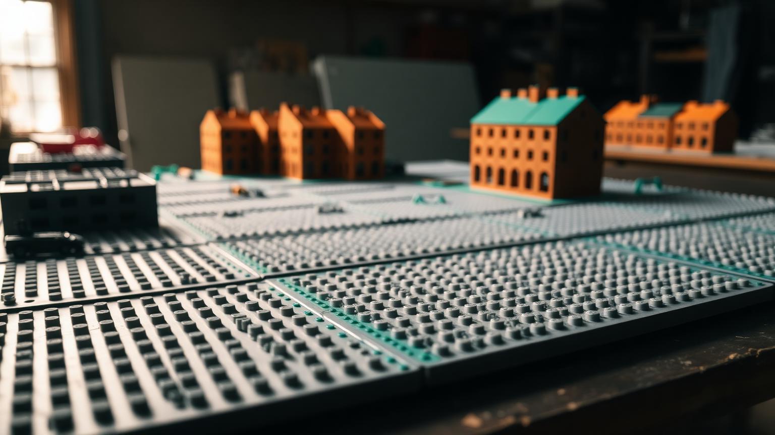 Grey and green LEGO compatible base plates joined on a workbench forming a city layout with brick buildings on top