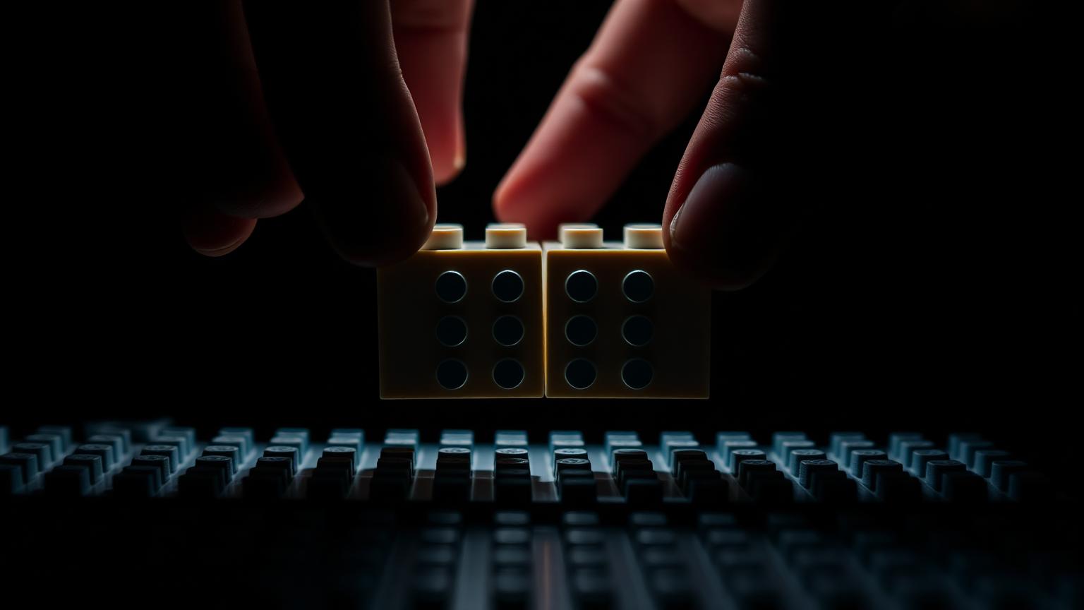 Close-up of fingers pressing two plastic studded bricks together above a baseplate to test clutch power under dramatic lighting