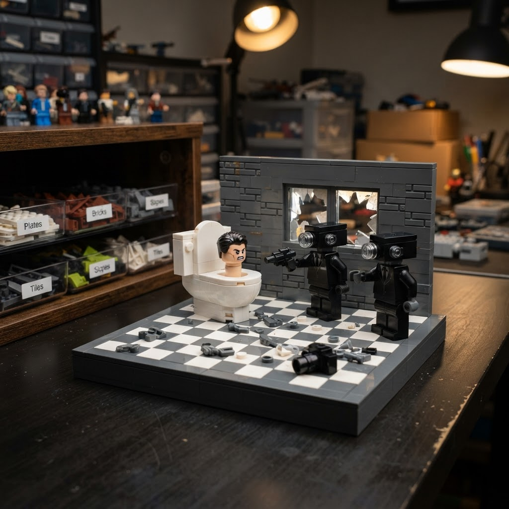 Completed Skibidi Toilet diorama on a 32x32 compatible base plate with Cameraman rivals, checkered floor tiles, and a sorted mixed-brand parts tray