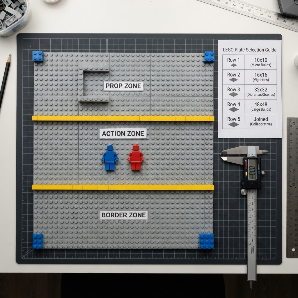 Overhead view of a 32x32 base plate divided into Action Zone, Prop Zone, and Border Zone with corner anchor bricks and a plate selection guide beside it