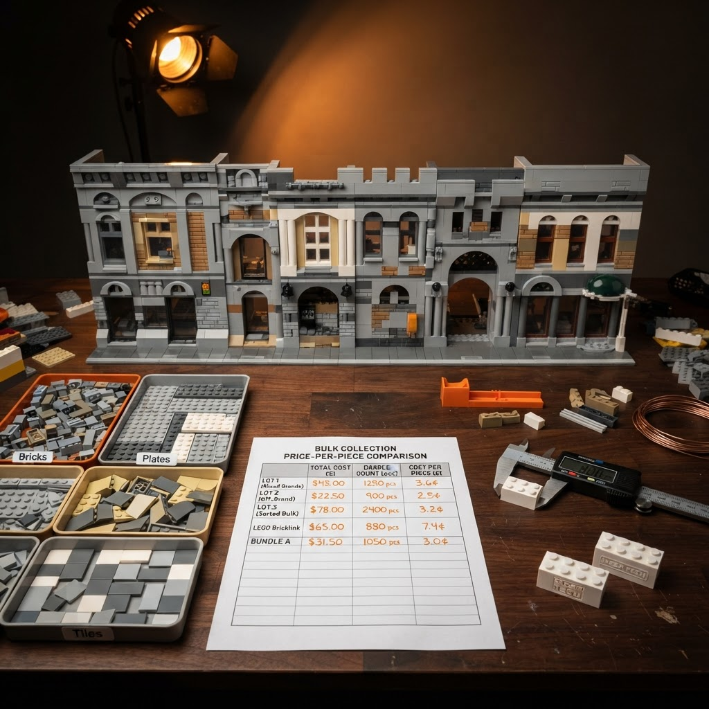 Mixed-brand bulk brick workspace showing sorted trays, price-per-piece calculation sheet, digital caliper, Block Tech brick, and Mega Construx brick beside a completed city wall MOC