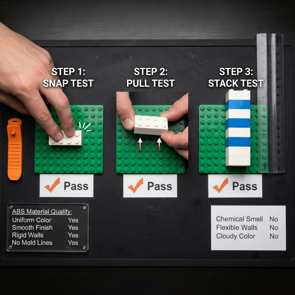 Three-step brick compatibility test workspace showing snap test, pull test, and stack test zones on a dark build mat with Pass result cards and ABS quality checklist