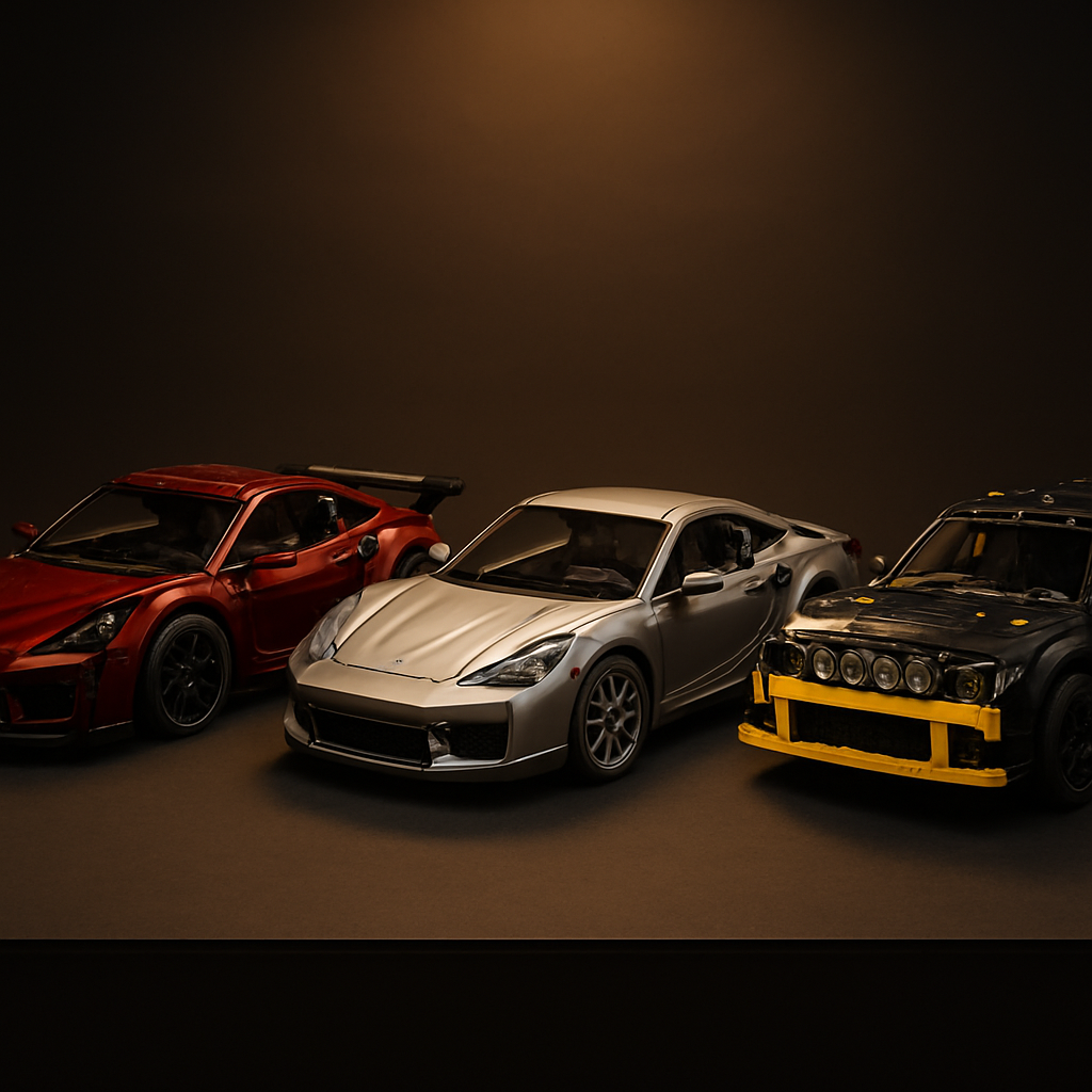 Three completed LEGO-compatible Technic car models — Mould King 1:8 supercar, Sembo 1:14 sports car, and CaDA rally car — displayed side by side on a dark surface