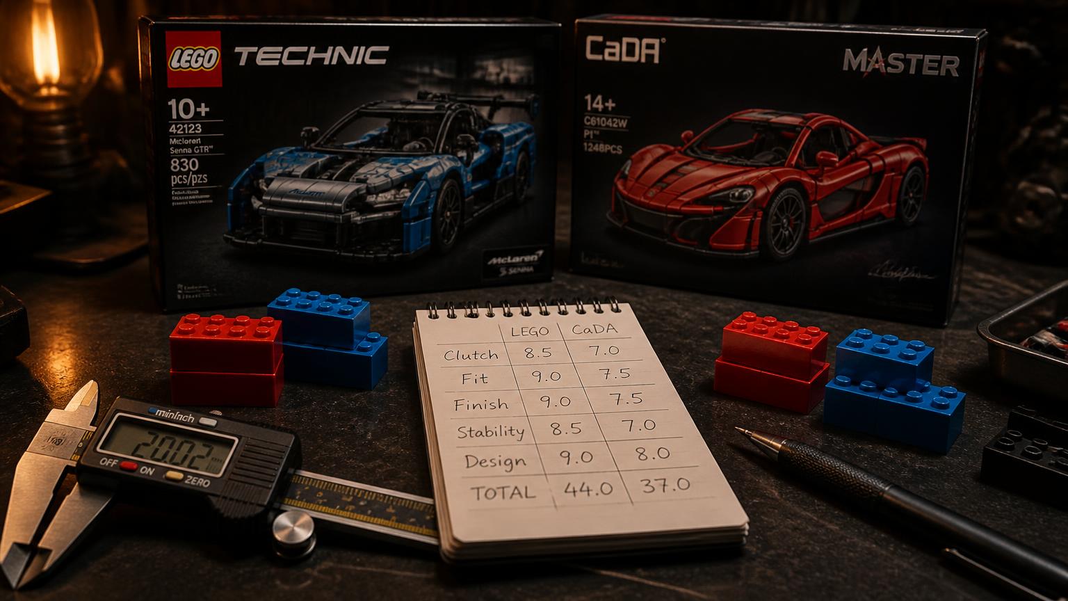 Two brick set boxes from different brands side by side on a dark table with a digital caliper, loose red and blue 2x4 bricks and a handwritten comparison scorecard