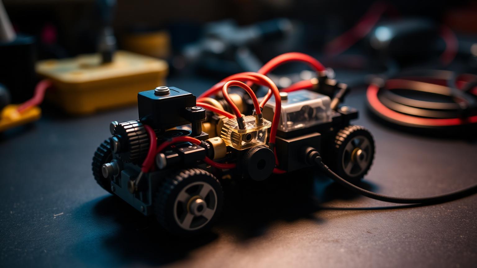 Close-up of LEGO compatible motors, gears, axles and a battery box wired into a technic brick chassis on a workbench