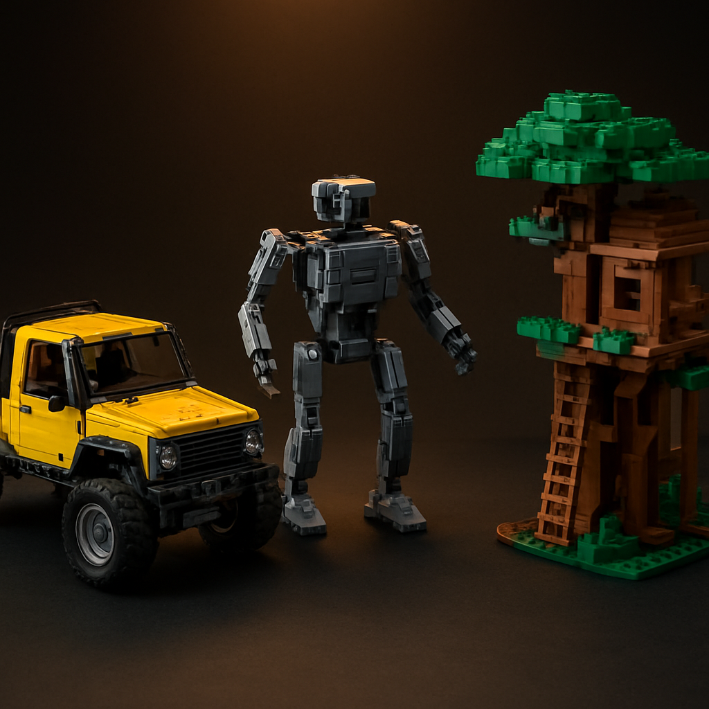Three completed LEGO-compatible models: motorized 4x4 truck, custom robot kit, and Minecraft-style treehouse displayed on a dark surface