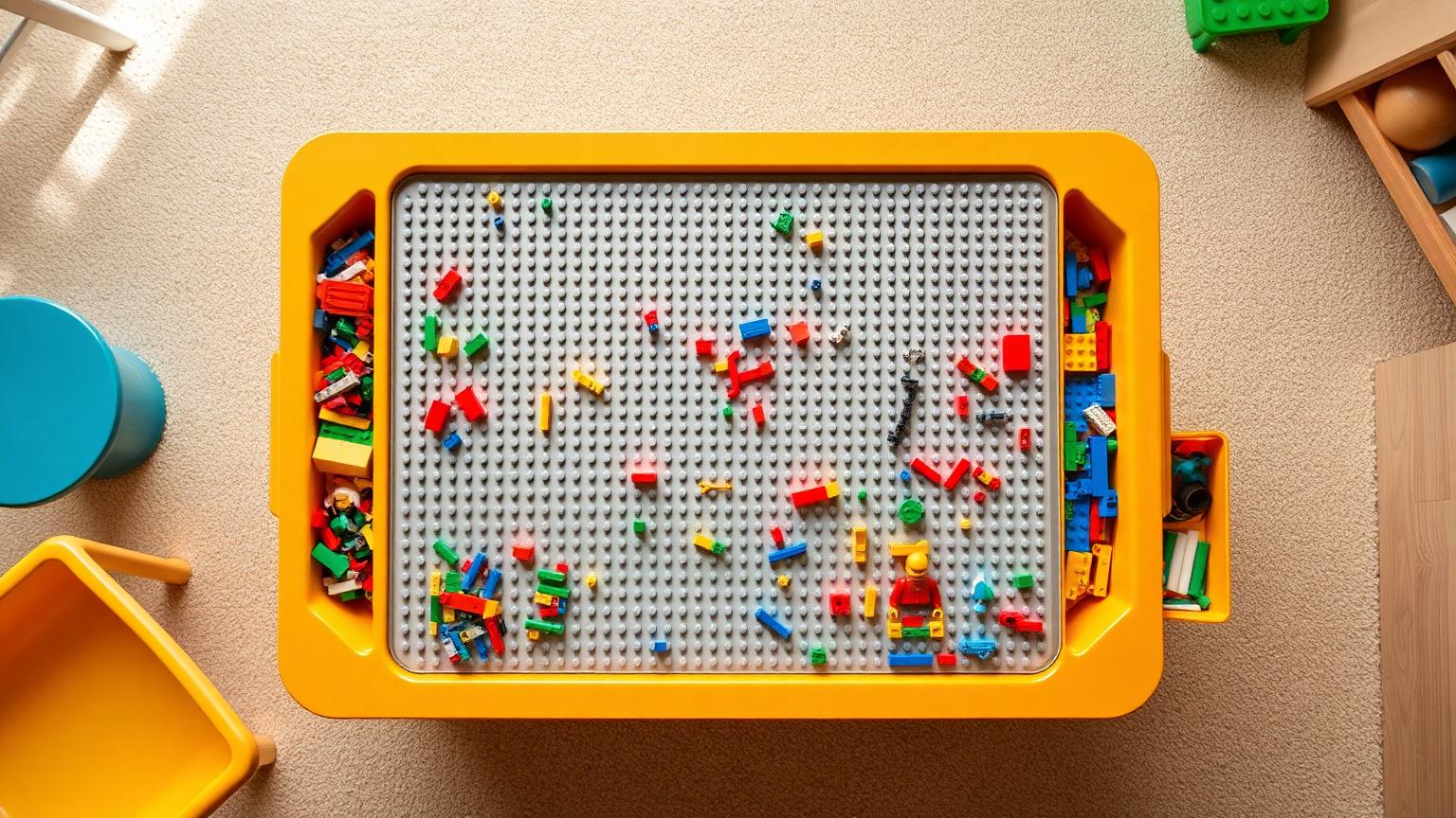 Top-down view of a LEGO-compatible play table with integrated baseplate surface and built-in storage bins full of colorful bricks