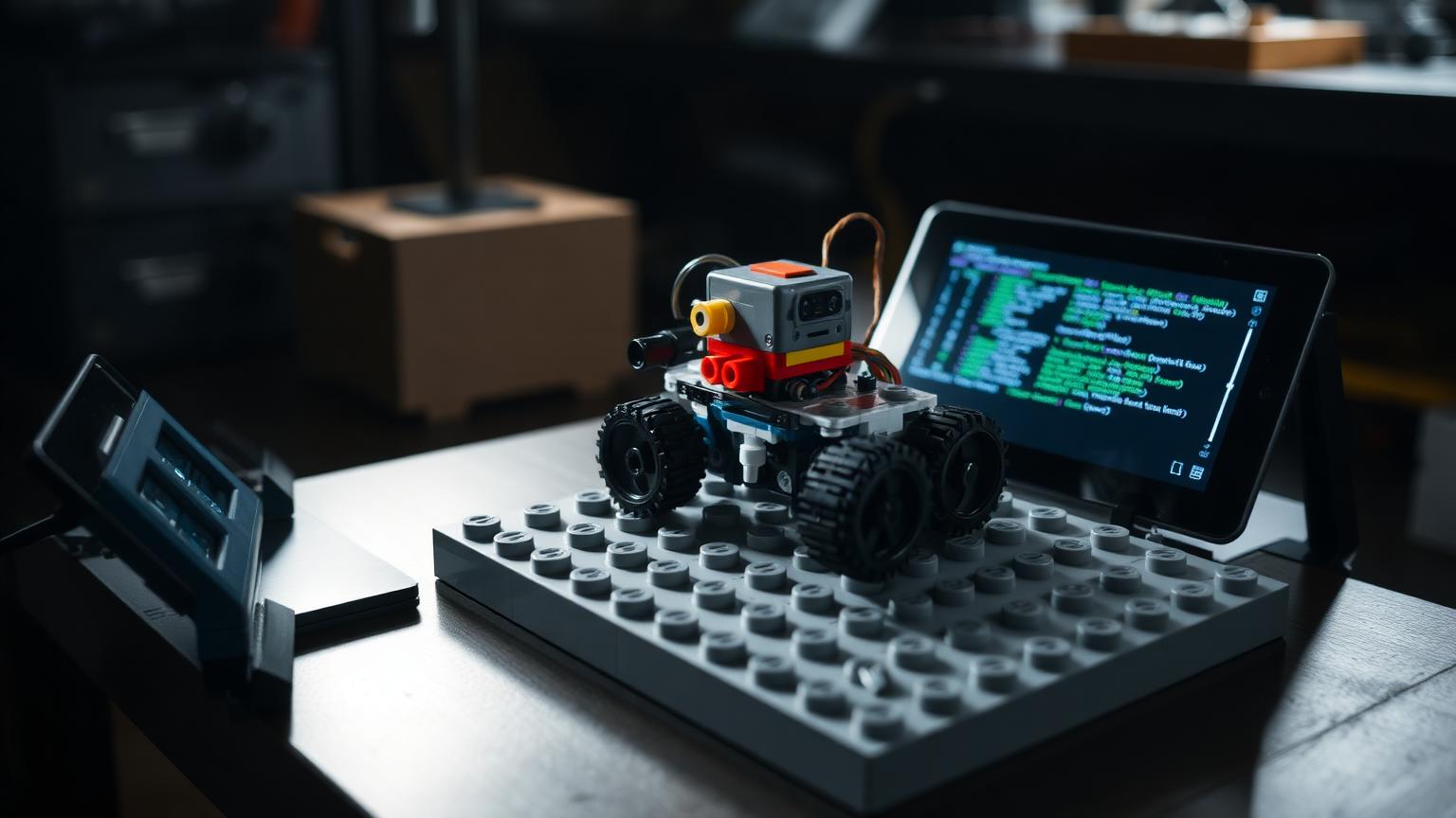 Small brick-built robot with motors and a sensor sitting on a grey base plate beside a tablet showing code