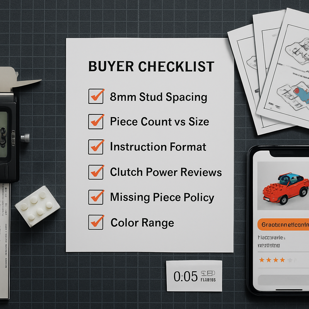 Six-row buyer checklist workspace for evaluating building blocks lego compatible — stud spacing, piece count, instructions, clutch power, missing-piece policy, and color range all ticked in orange beside a digital caliper and certification cards
