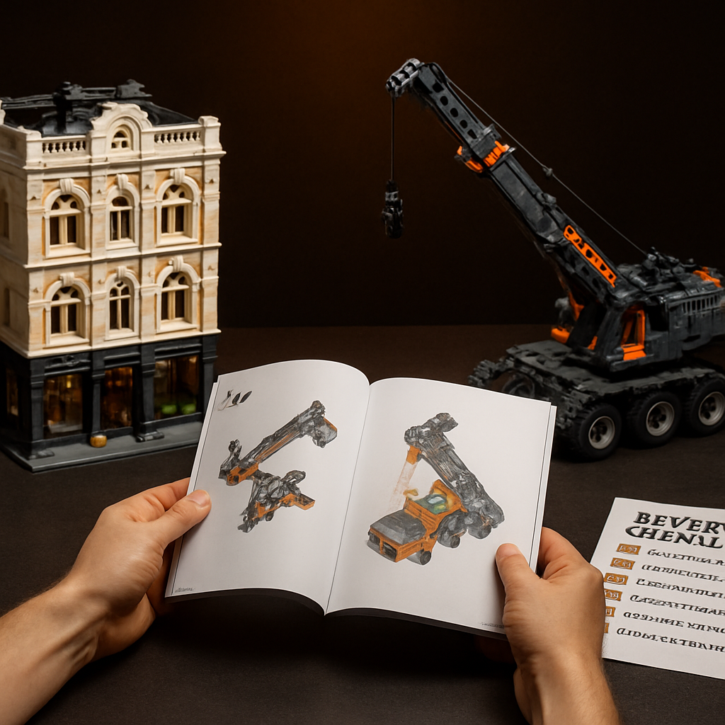 Three completed lego compatible sets displayed side by side — a modular building, a Technic crane mid-build, and an open instruction booklet with a buyer checklist