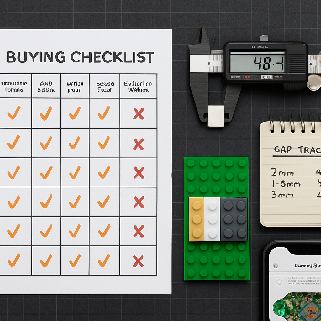 Smart brick curation workspace showing six-point brand checklist, three-era bricks aligning on a baseplate proving backwards compatibility, and gap-tracking notepad