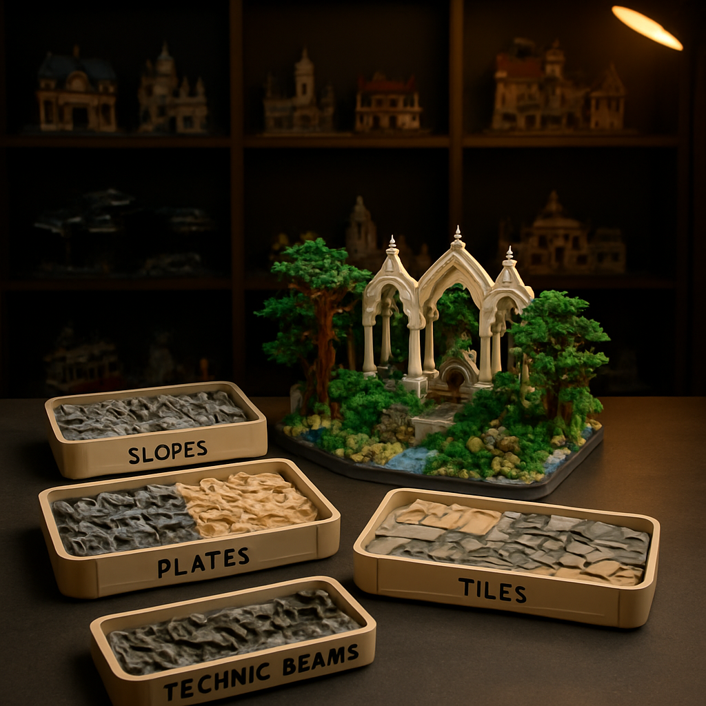Curated LEGO-compatible brick collection with Lord of the Rings diorama and sorted parts trays showing smart play strategy