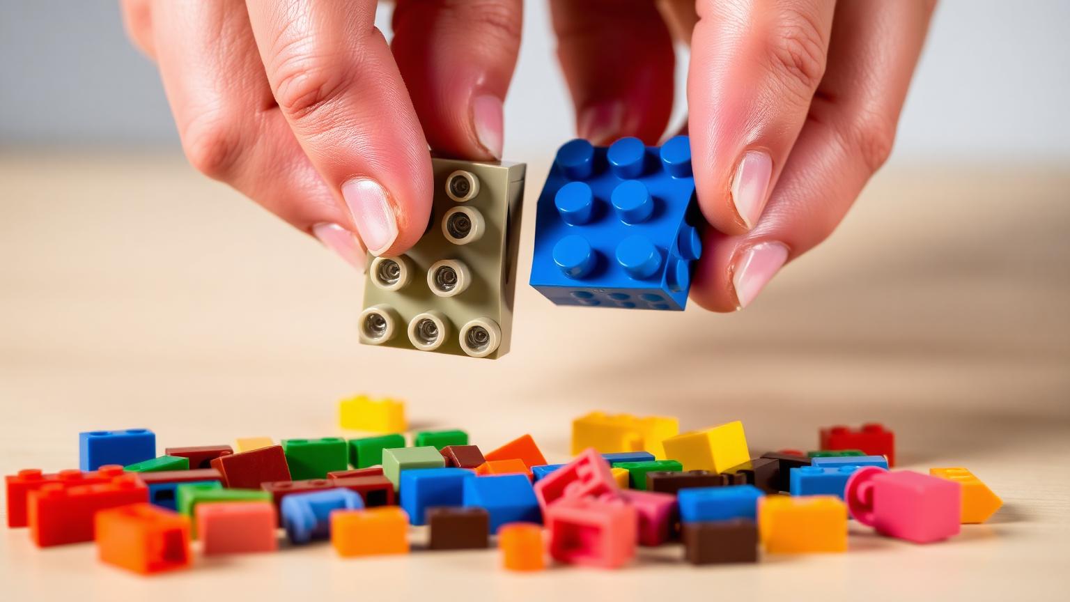 Close-up of a LEGO-compatible brick being connected to a genuine LEGO brick, showing stud-and-tube connection