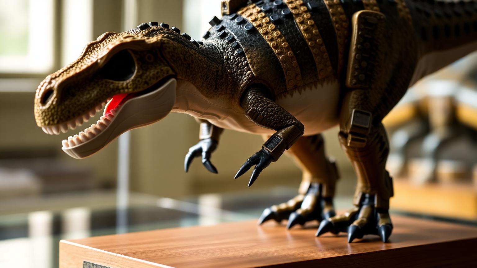 Detailed LEGO-compatible Spinosaurus dinosaur model with articulated jaw and textured skin panels on a display base