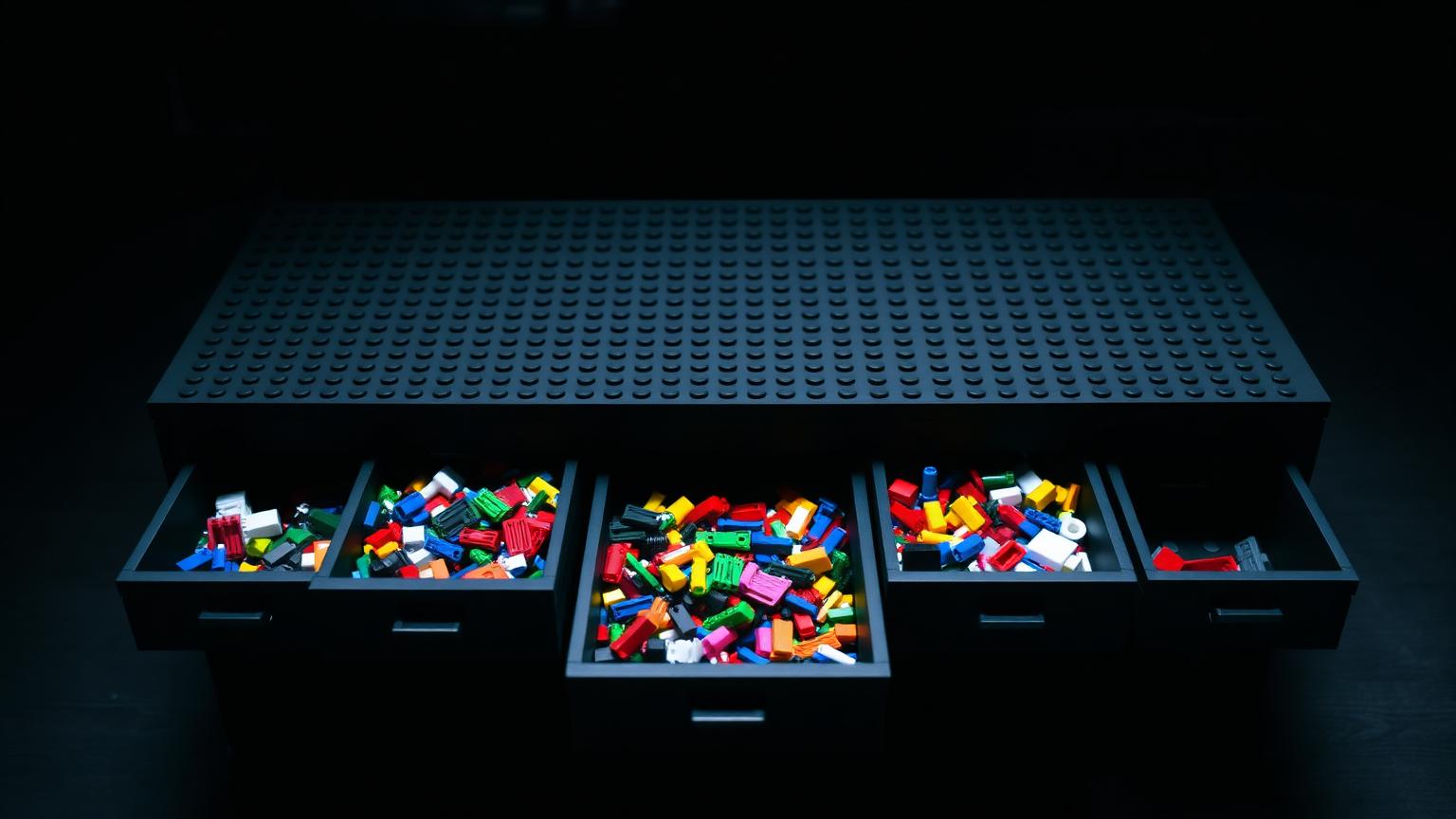 Building brick table with a stud-topped surface and open divided drawers filled with sorted colourful ABS bricks