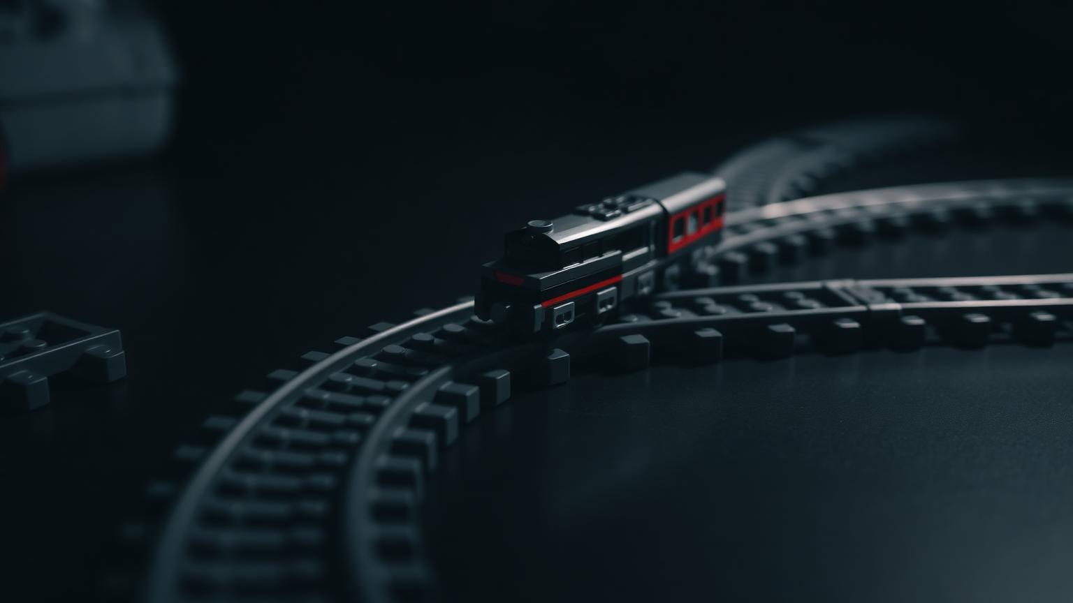 Toy train rolling along grey LEGO compatible track pieces joined end to end on a dark table to test the joints