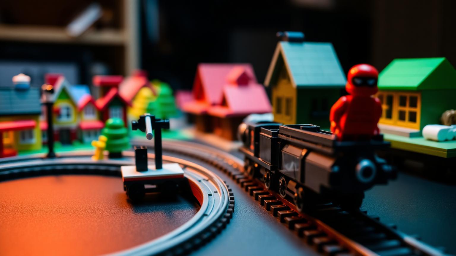 Brick-built train layout with a loop of lego compatible train tracks, a small brick town and a red-suited Deadpool-style minifigure riding on a train car