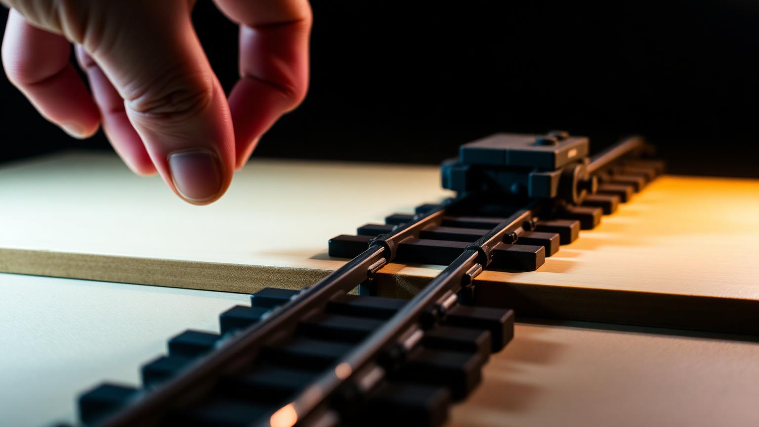 Hand pressing two brick train track segments together on a flat board to test the joint before running rail compatible LEGO rolling stock