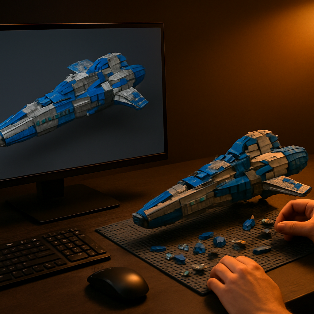 Digital planning workspace with Stud.io on screen and matching physical brick model being assembled beside it