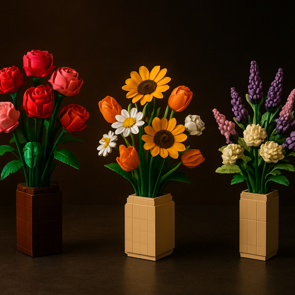 Three completed brick-built flower bouquet displays — red roses, mixed sunflowers and tulips, and a pastel spring arrangement — showing what a quality lego flower bouquet alternative build looks like finished