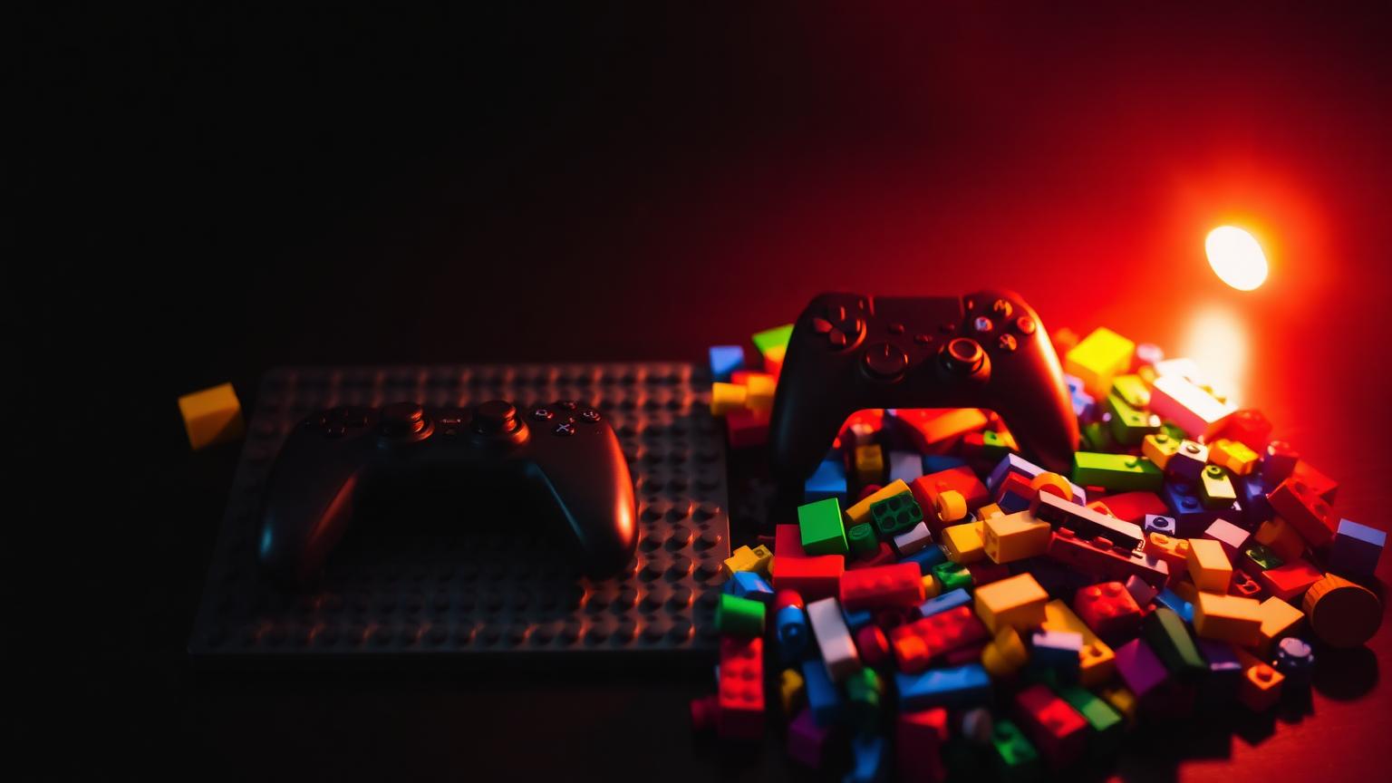 Game controller resting beside a grey compatible LEGO base plate covered in colourful plastic bricks on a dark background