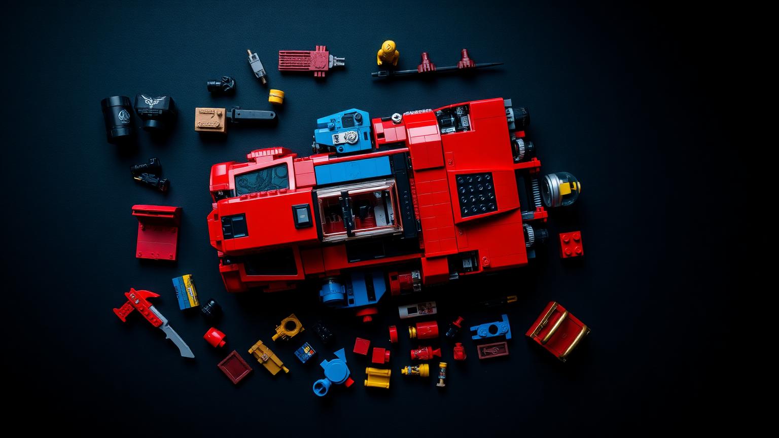 Overhead flat lay of a red and blue superhero themed LEGO-compatible build in progress with minifigure-scale accessories