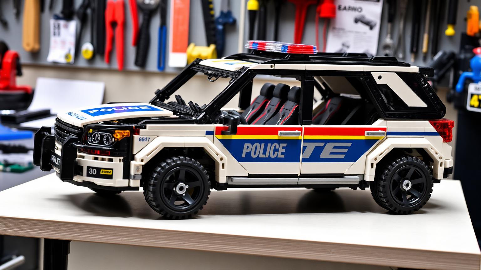 Cada Technic-style police pursuit SUV built from compatible bricks with working steering displayed on a workshop bench