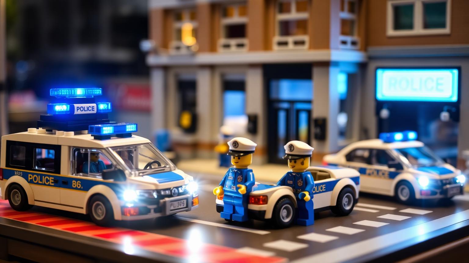 Lego-compatible police station diorama with police vehicles and minifigures built from JMBricklayer and Cada bricks