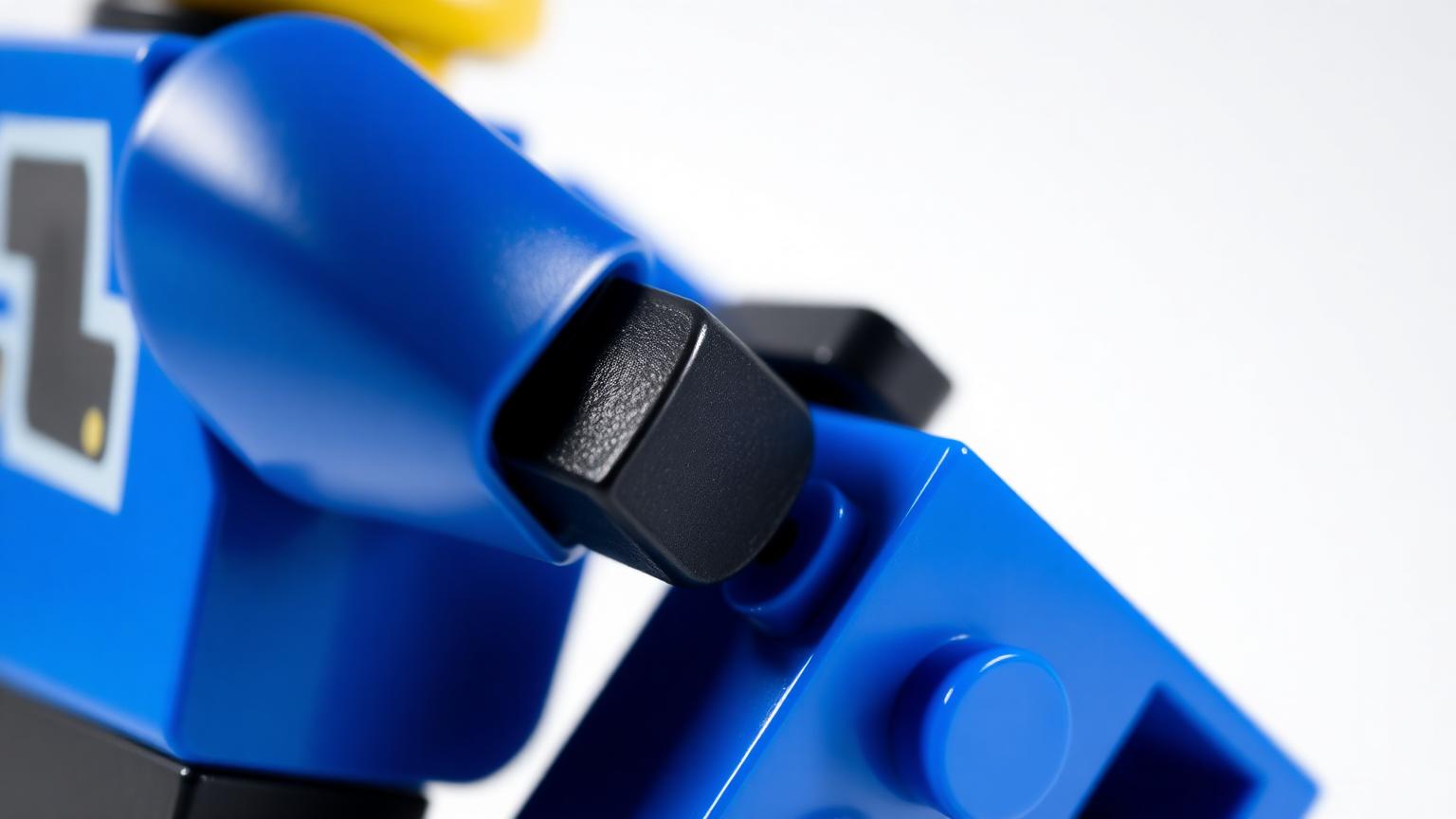 Close-up macro of a JMBricklayer blue police minifigure and brick connecting to an official Lego brick with a clean stud-and-tube clutch fit