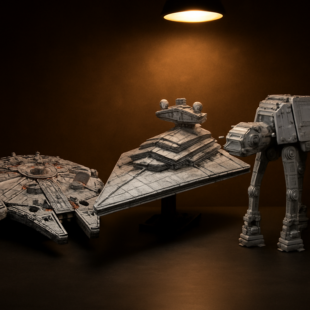 Three premium LEGO-compatible Star Wars alternative models — Millennium Falcon, Imperial Star Destroyer, and AT-AT Walker — displayed on a dark surface with studio lighting
