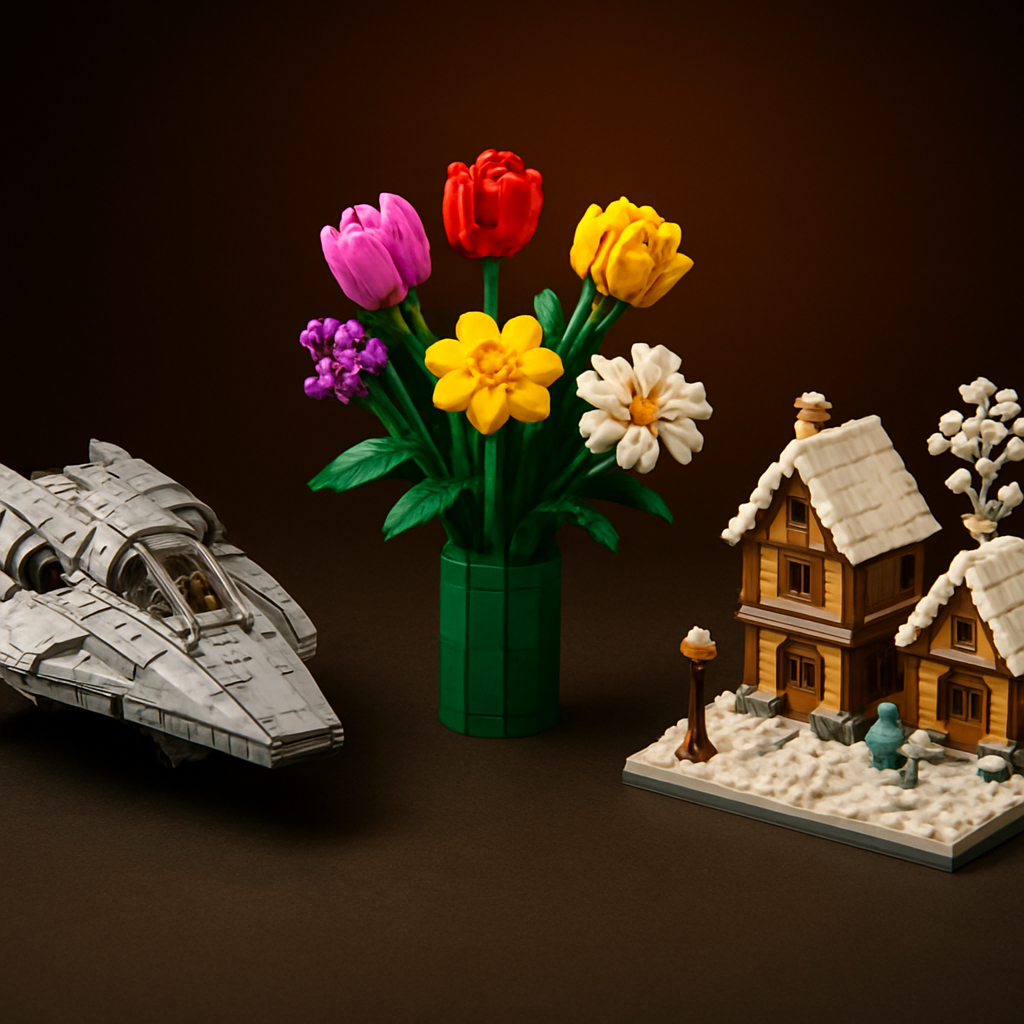 Three custom brick rebuild display models — a Star Wars starfighter, a colorful flower bouquet, and a seasonal winter diorama — on a dark surface with amber studio lighting