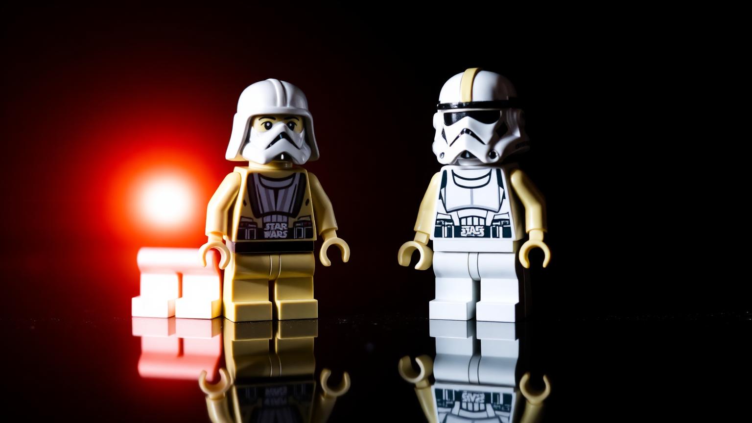 Two LEGO Star Wars minifigures from different eras side by side on a dark reflective surface