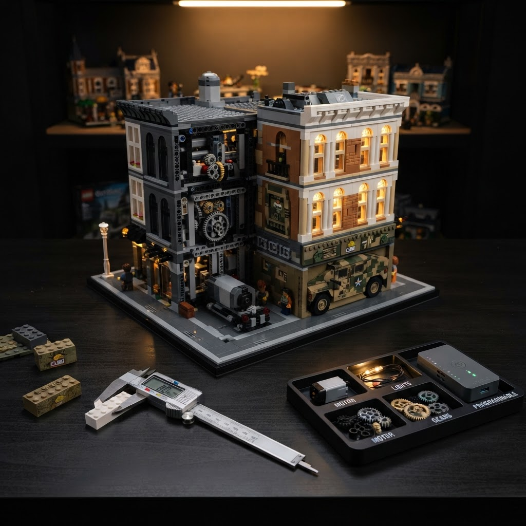 Motorized multi-brand brick model with COBI, Mega Construx, and Technic-style system layers on a dark studio surface