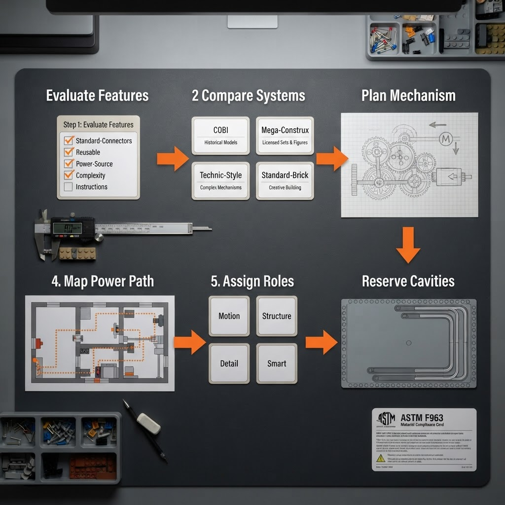 Six-step multi-brand smart build planning workspace showing feature checklist, brand cards, gear train sketch, wiring map, role cards, and cavity planning on a dark build mat