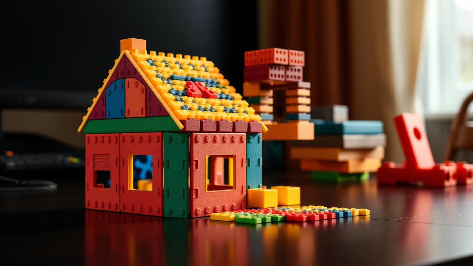 Colourful magnetic building tiles folded into a house shape with studded plastic bricks stacked on the roof