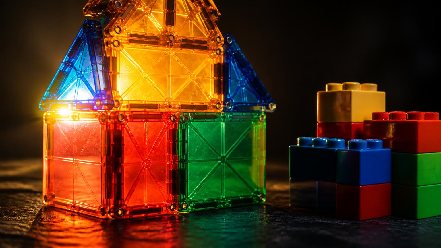 Glowing translucent magnetic building tiles assembled into a small house beside a stack of standard studded plastic bricks on a dark surface
