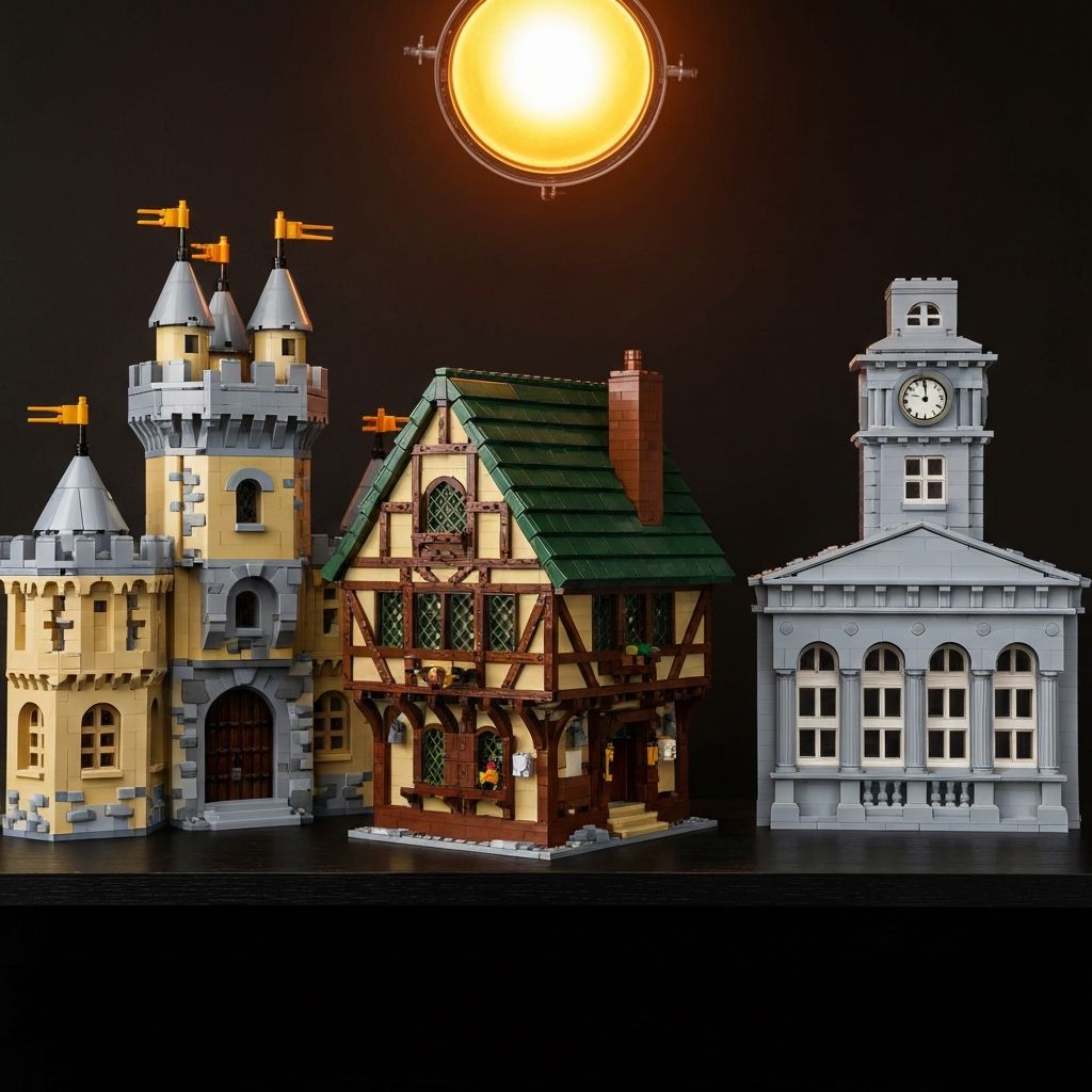 Three premium adult building block display models on a dark shelf: medieval castle gatehouse, timber-frame tavern inn, and neoclassical train station facade