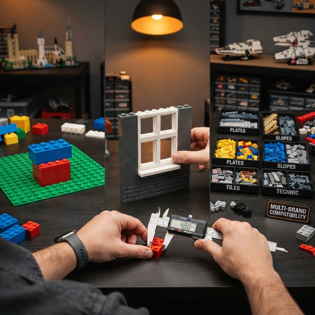 Multi-brand brick compatibility display showing Mega Bloks snapped to a standard brick, a 3D-printed window frame being pressed into a wall section, and a sorted mixed-brand parts workspace with four trays