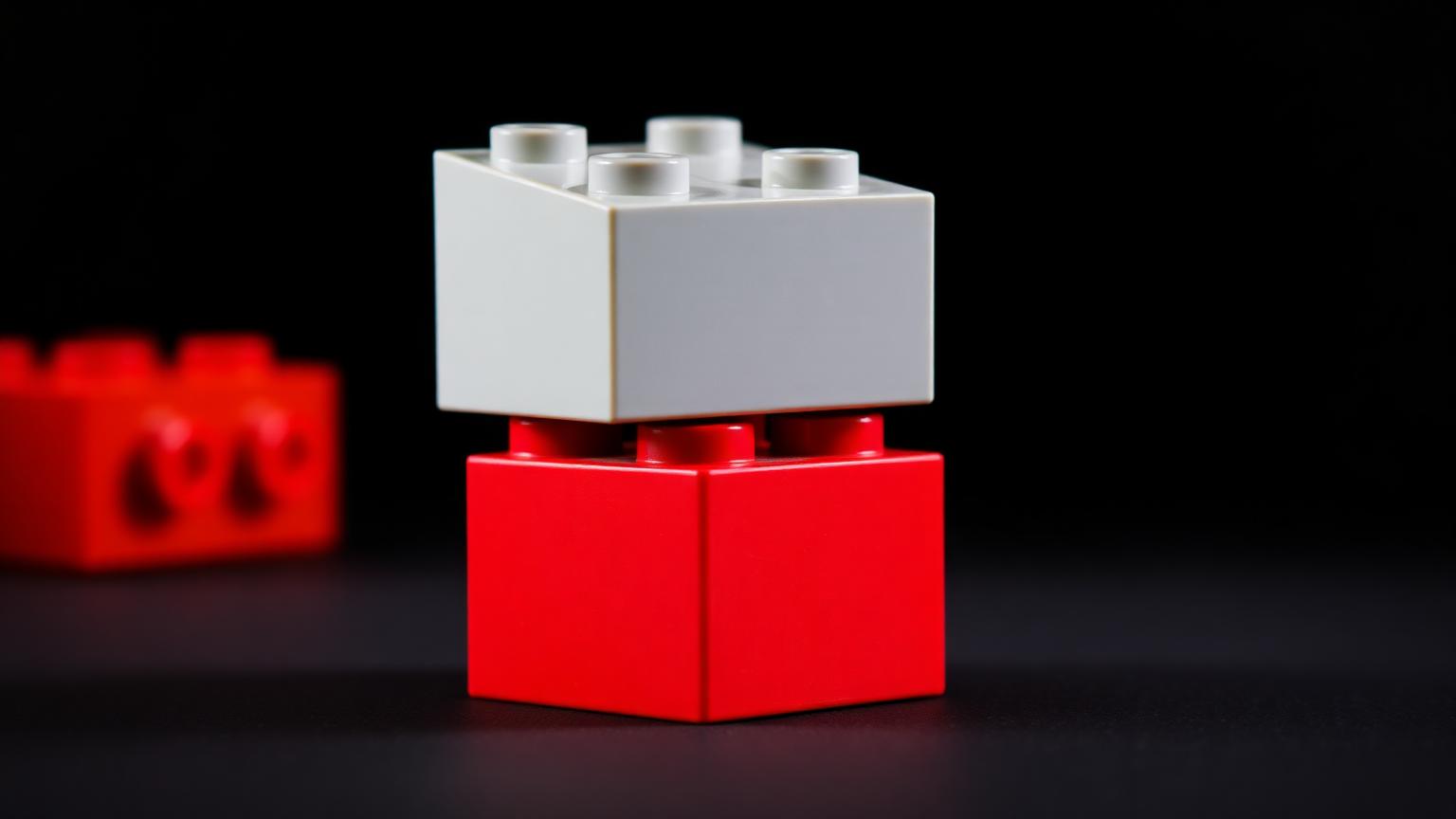 Macro of a grey Mega Bloks 2x4 brick stacked on a red LEGO 2x4 brick showing stud engagement