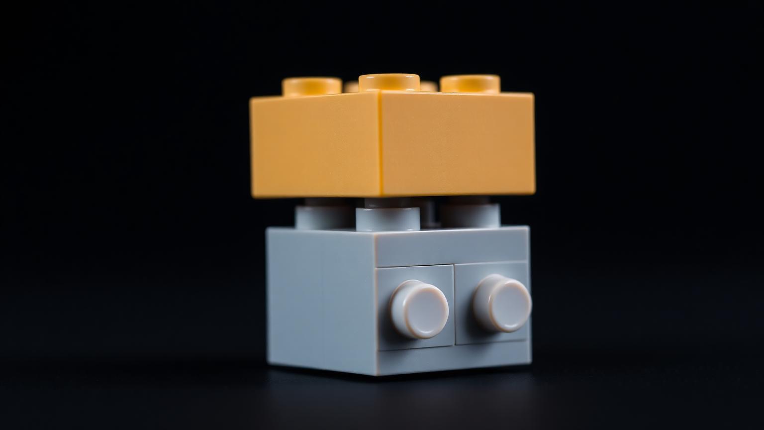 Macro close-up of a yellow Mega Construx 2x4 brick stacked on a gray LEGO 2x4 brick showing stud connection