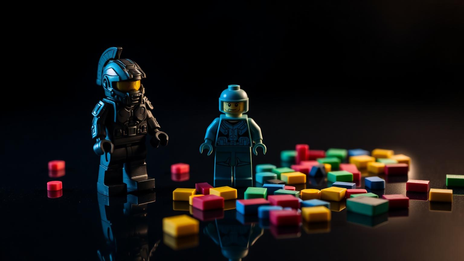 Mega Construx Halo Spartan, OYO sports figure and LEGO Vidiyo BeatBit tile on a dark reflective surface with scattered ABS bricks