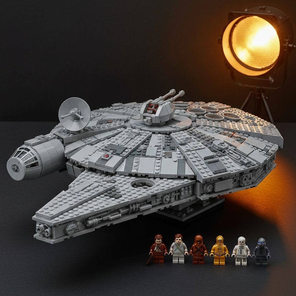 Millennium Falcon 75257 Star Wars completed display model with all seven minifigures on a dark surface