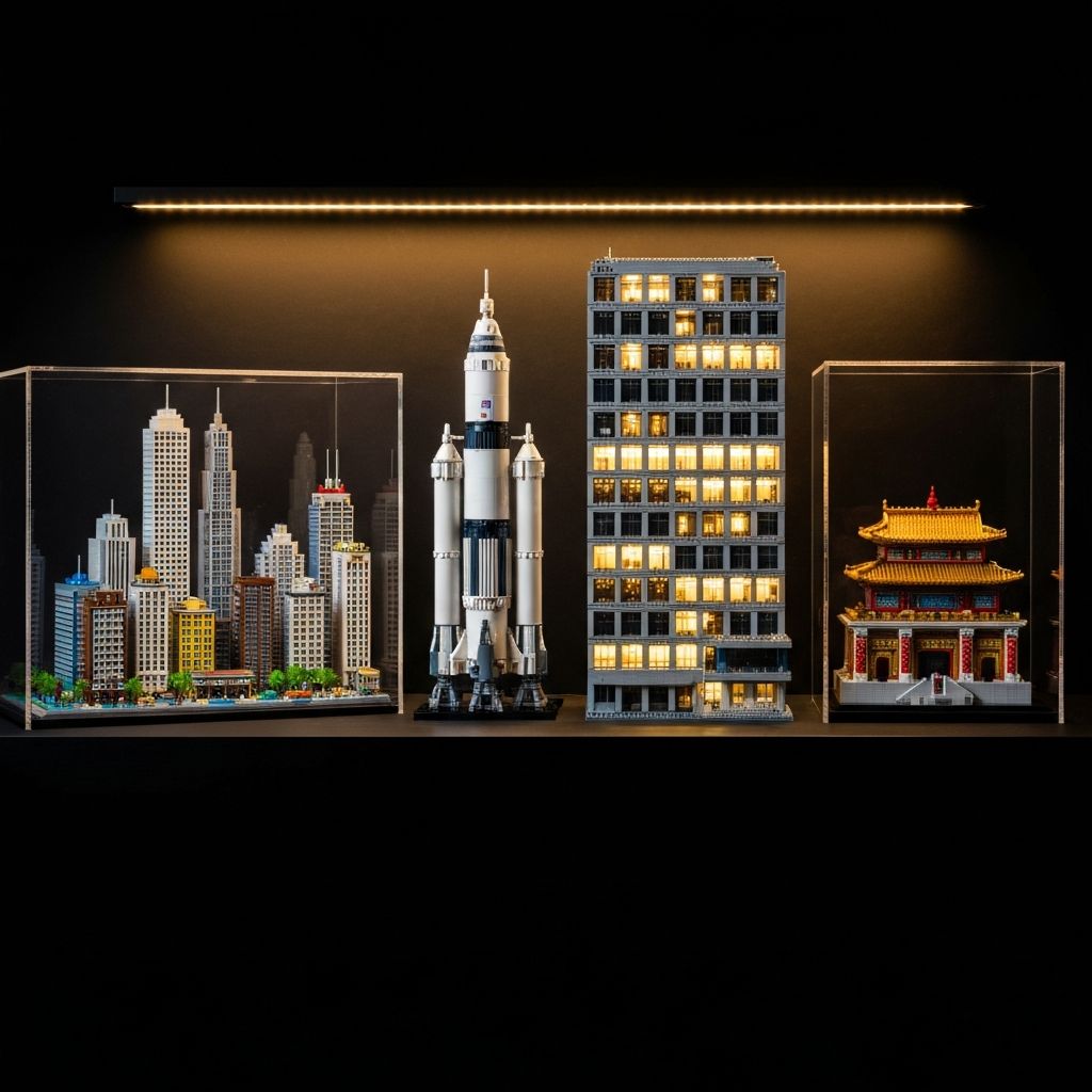 Four premium collectible building block models displayed inside UV-filtering acrylic cases on a dark museum-style collector shelf — nano-scale city, Saturn V replica, modular architecture, and a cultural landmark
