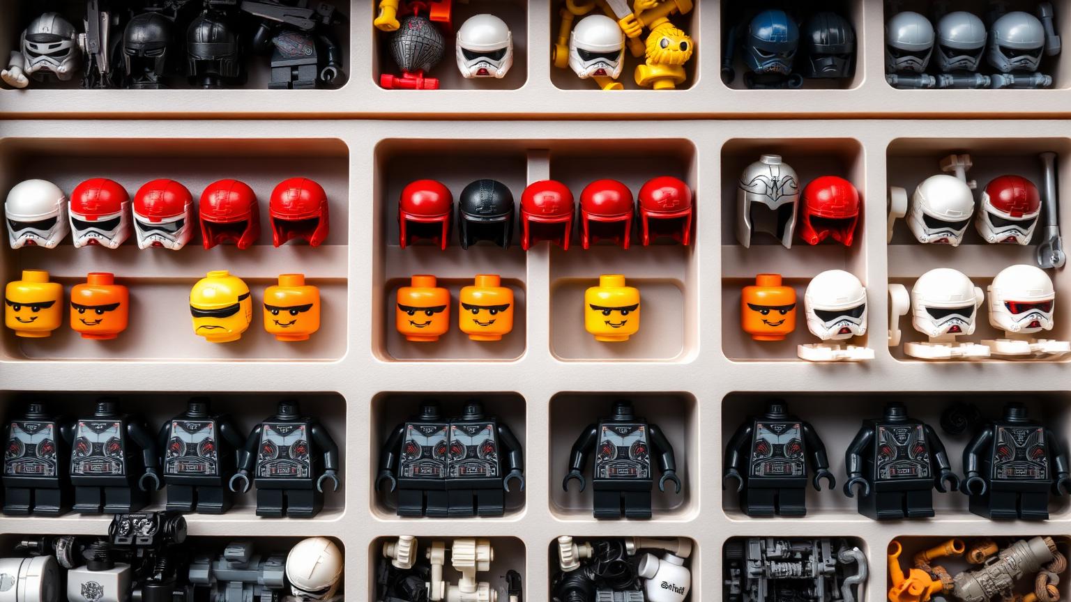 Divided sorting tray holding separated minifigure parts including heads, helmets, printed torsos, legs and small accessories