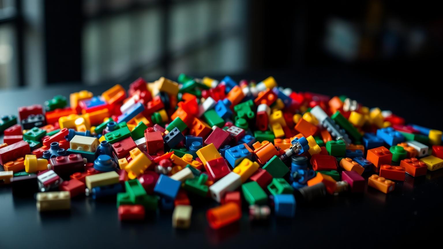 Colourful plastic building bricks from several different LEGO-compatible brands mixed together on a dark table