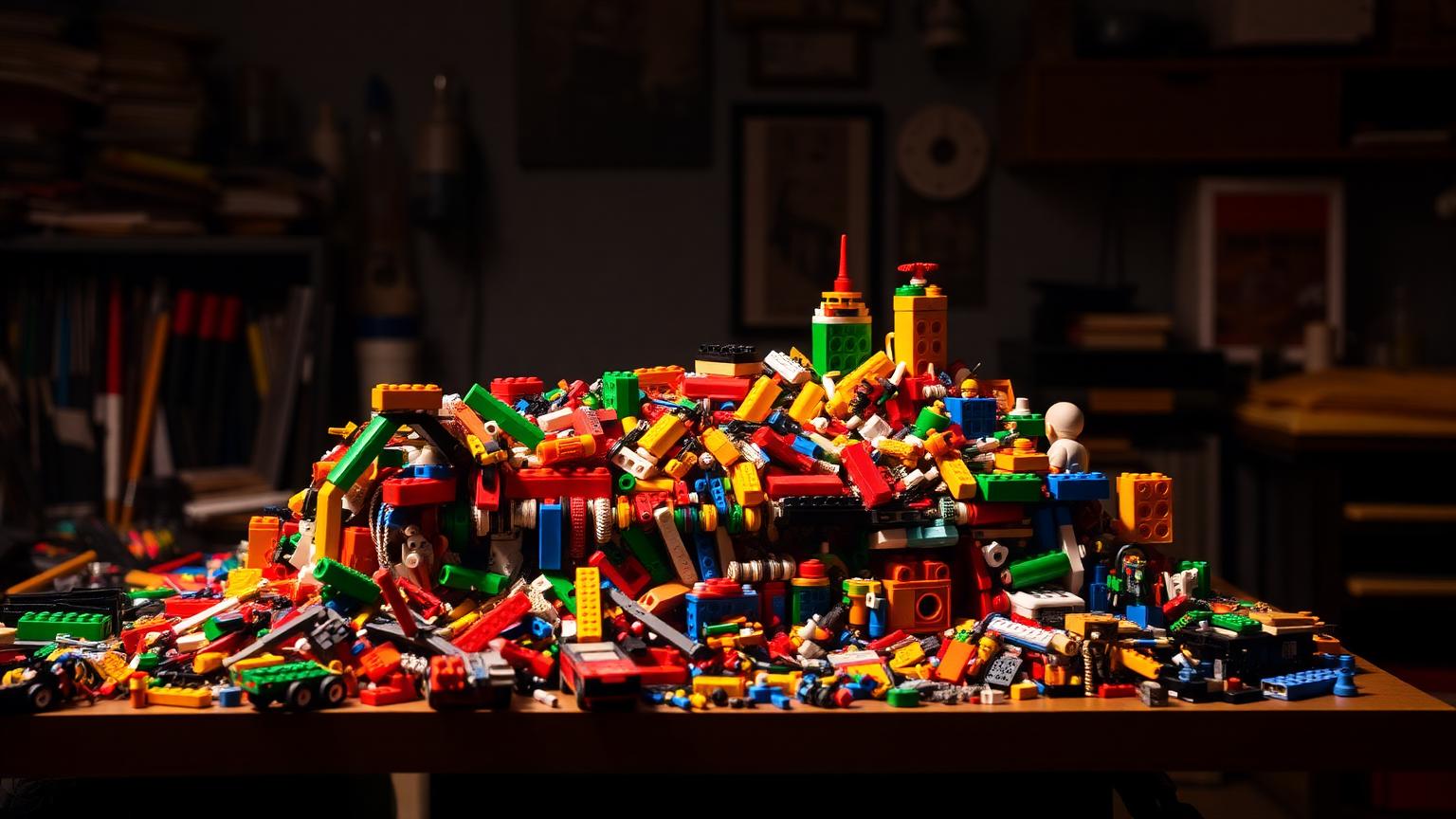 Large mixed collection of colourful plastic building bricks from several brands spread across a workbench under warm light