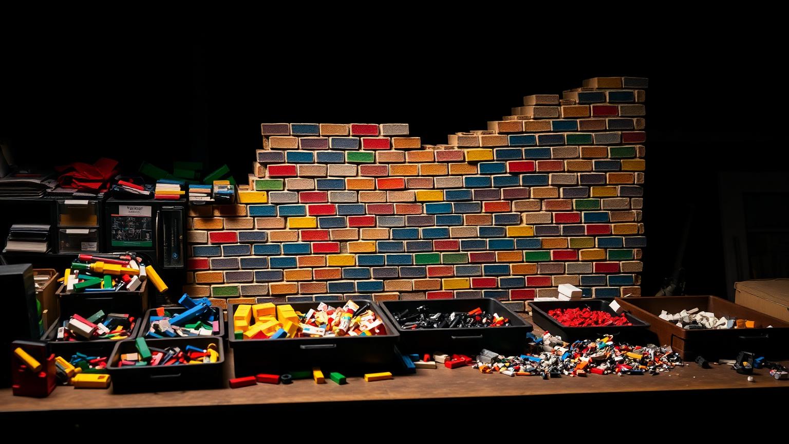 Workbench with sorted trays of building bricks from several brands beside a half-built multi-colour hybrid wall