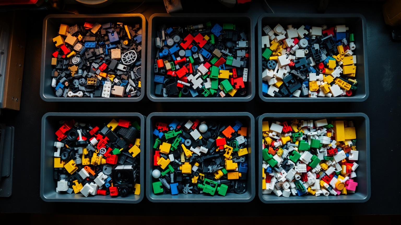 Overhead view of divided sorting trays holding building bricks grouped by part type including plates, slopes, connectors and gears