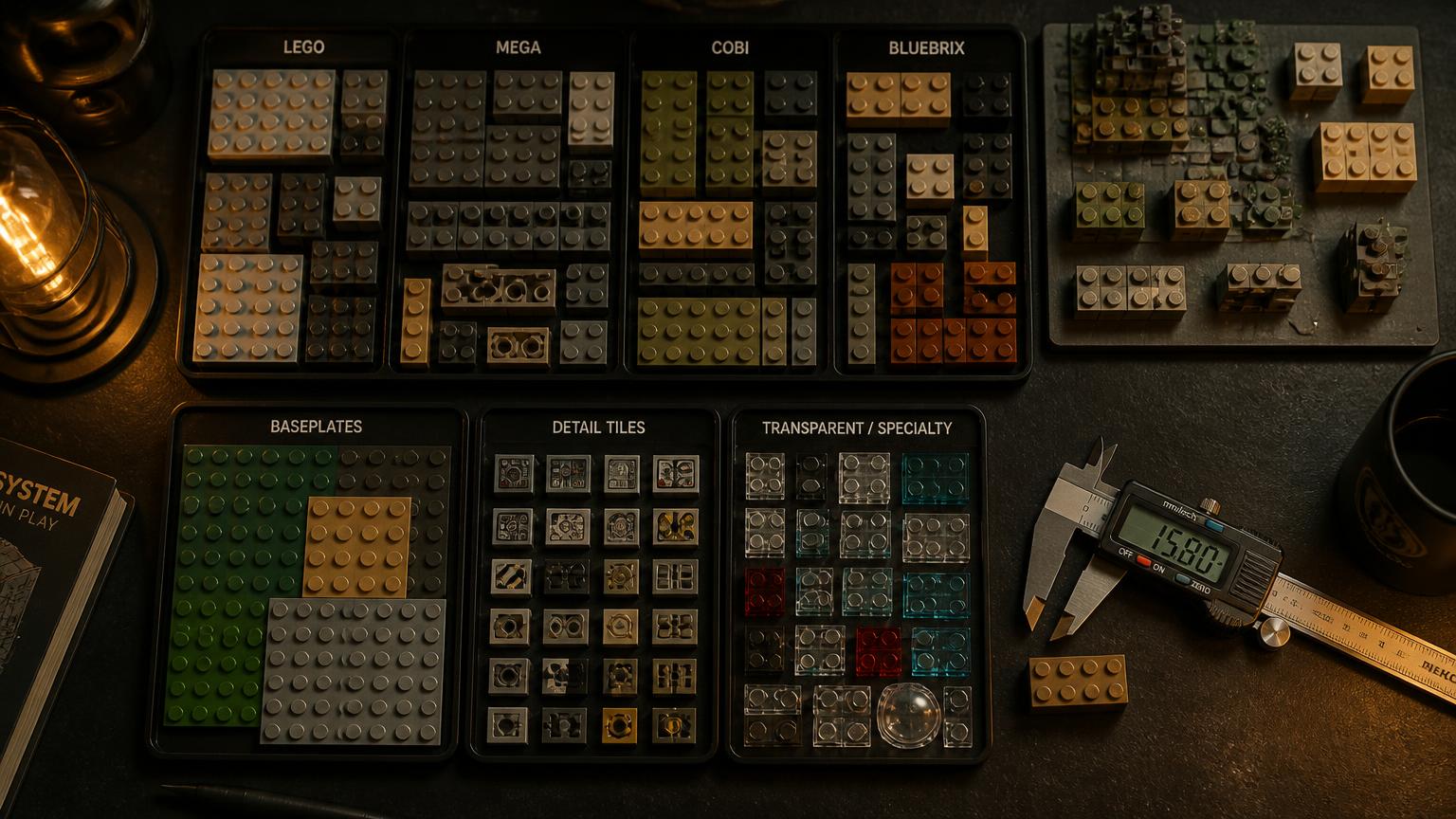 Overhead view of sorted modular building brick sub-assemblies from different brands with baseplates, detail tiles and specialty pieces beside a digital caliper measuring a single brick